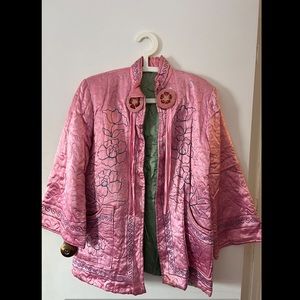 Satin Pink Kimono w Blue Embroidery